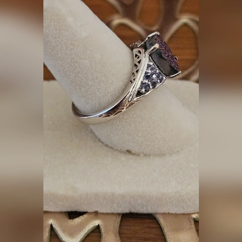 Purple Drusy & Iolite Ring Set In Platinum Over 925 Sterling Silver